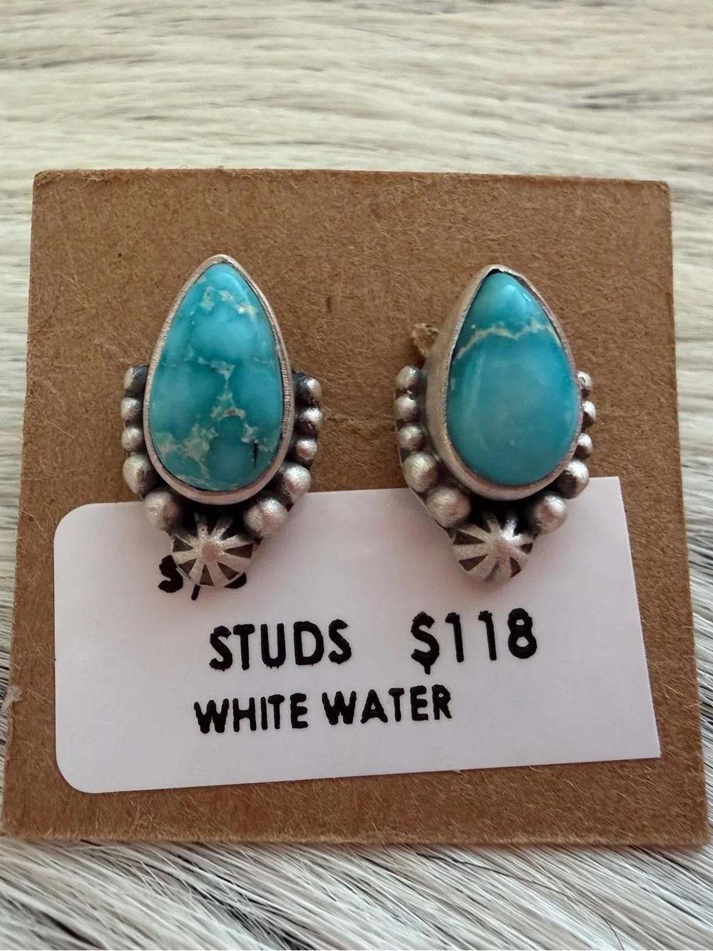 ❤️ White Water Turquoise Teardrop Navajo Style Brushed 925 Stud Earrings .56”L